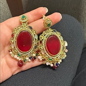 Indian/Pakistani Gold and Red Women's Earrings with Intricate Design with tikka